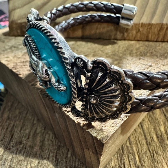 Horse Turquoise Stone Western Leather Open Bangle Bracelet - Picture 5 of 8